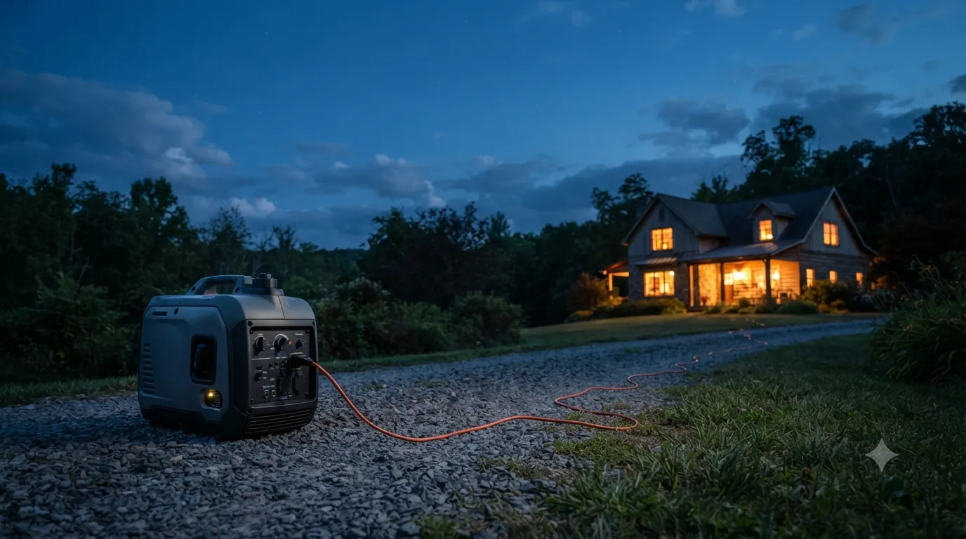A portable inverter generator running on a gravel driveway at dusk, an orange extension cord trailing away from its outlet panel toward a lit house in the distance.