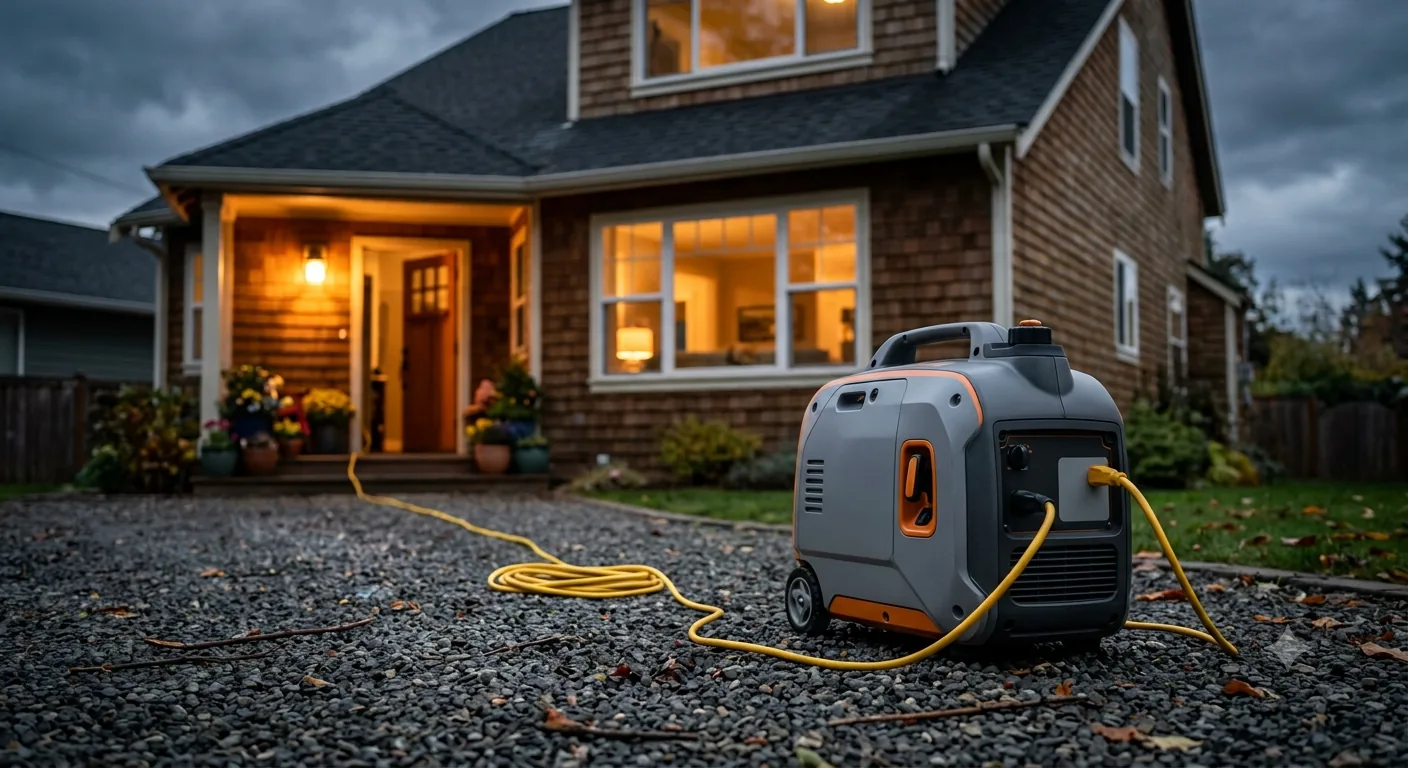 A compact enclosed-case portable inverter generator on a gravel driveway, with a yellow extension cord plugged into its outlet panel and coiled across the gravel.