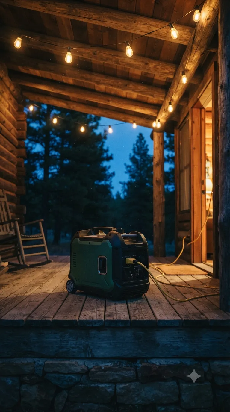 A portable generator resting on a cabin porch at dusk, warm string lights glowing against blue-hour pine trees.